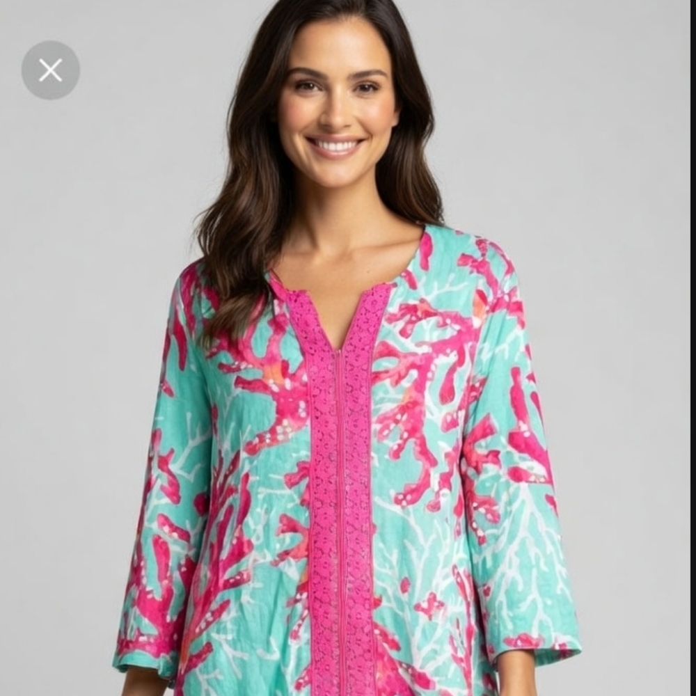 Caribbean Joe Aqua and Pink Coral Blouse
